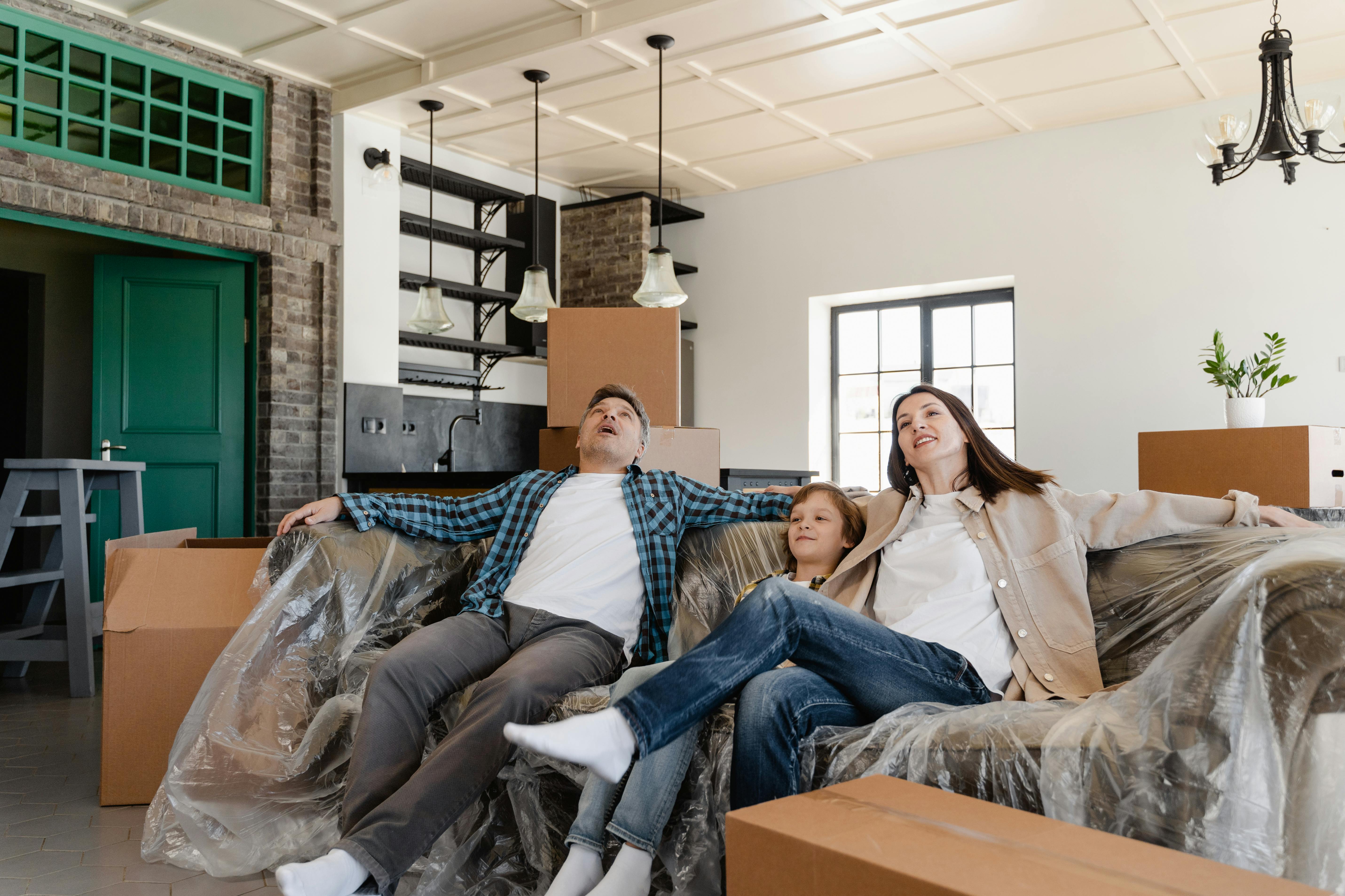 Family with moving boxes