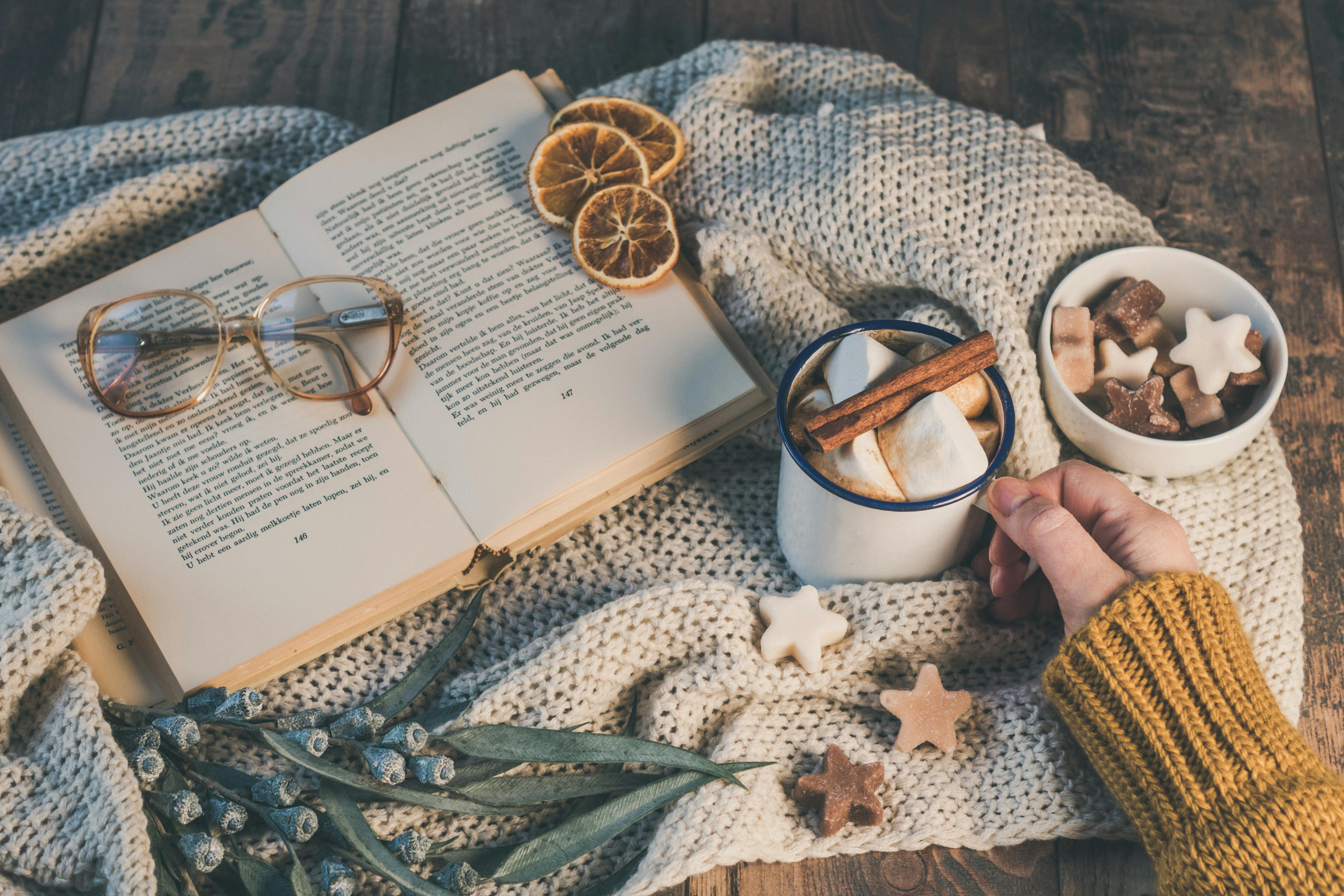 Cozy flat lay with hot chocolate