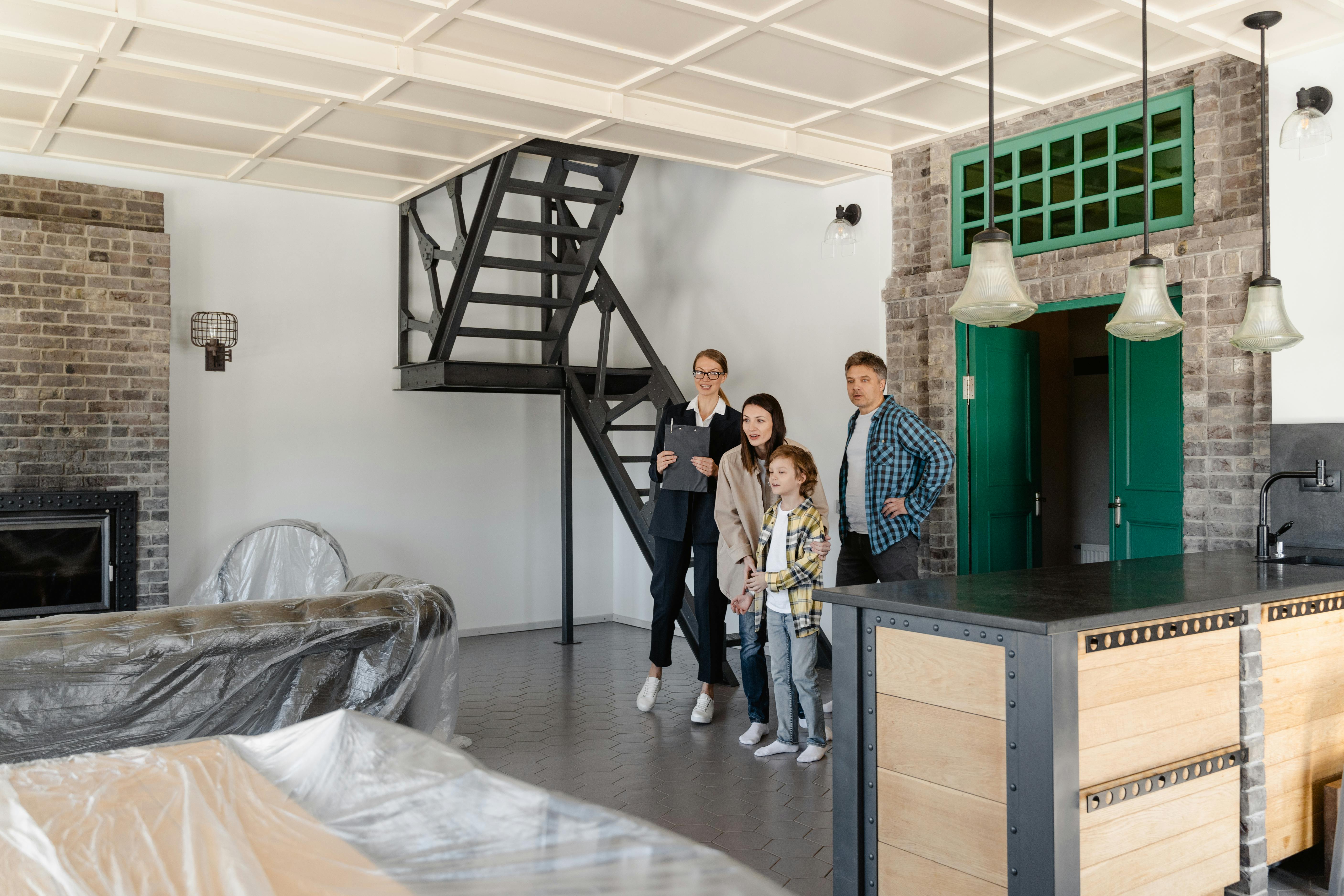 Family exploring a modern home