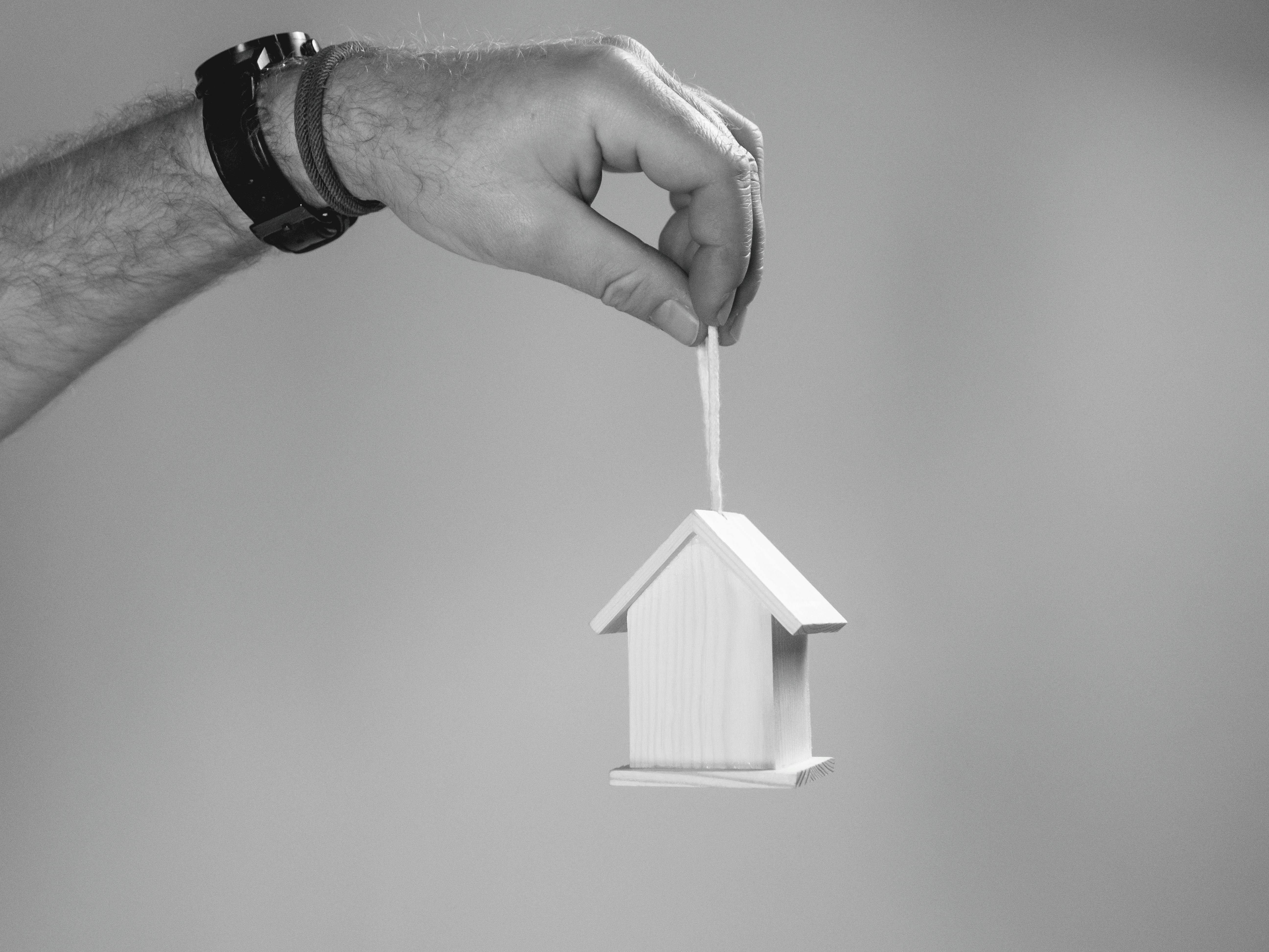 Hand holding a miniature wooden house