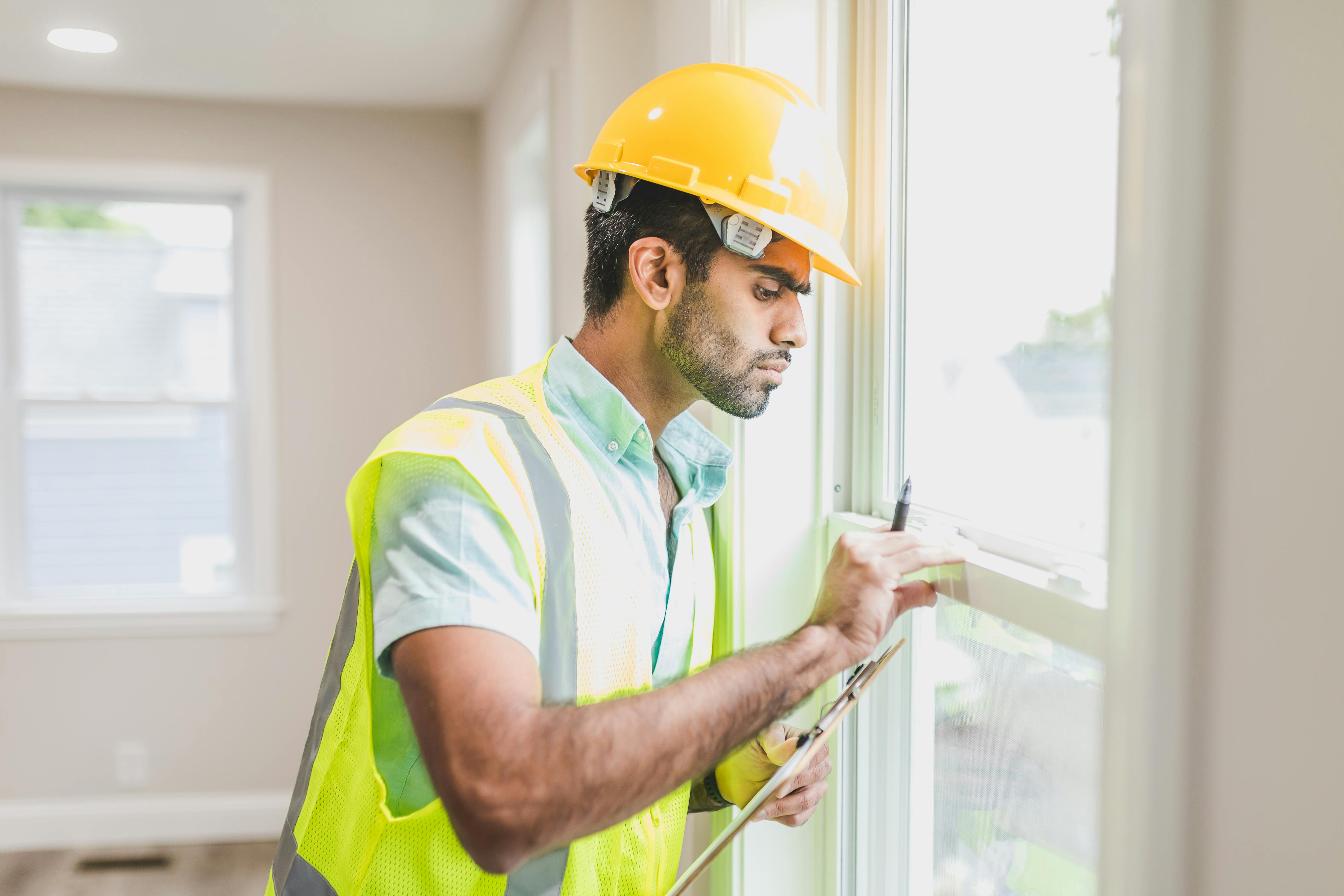 Construction worker inspecting window