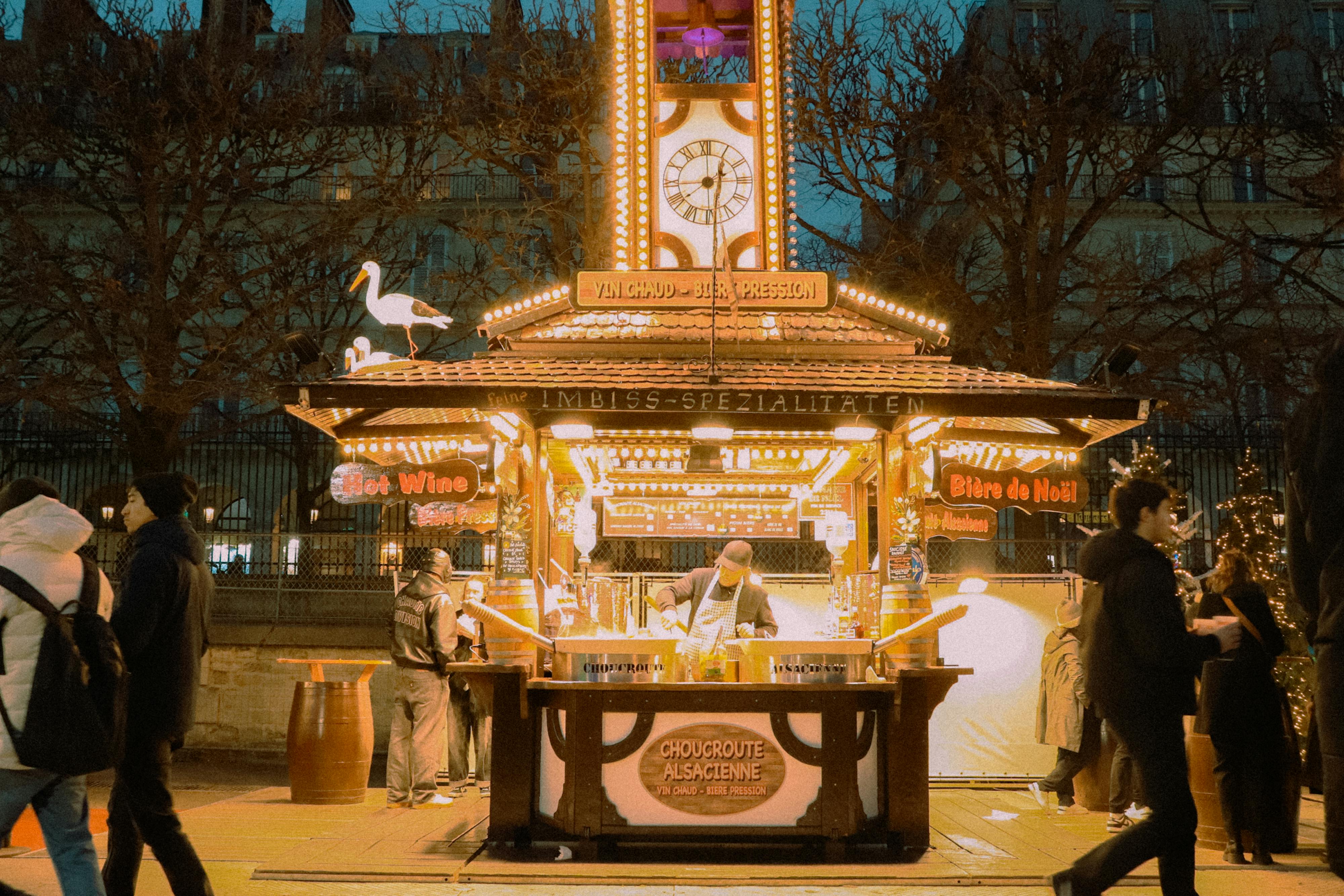 Illuminated Christmas market stall